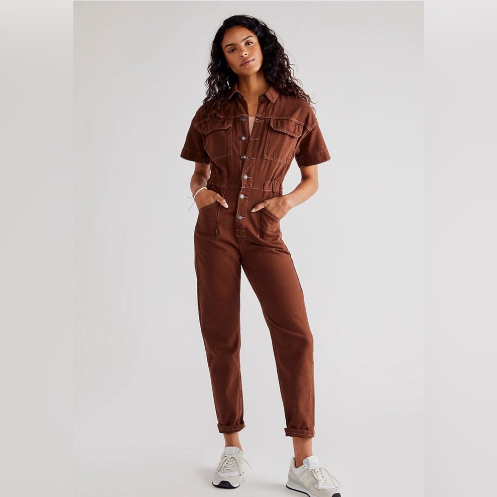 Free People Brown Denim Marci Coverall